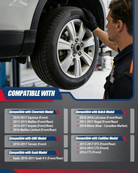 Technician inspecting wheel with Hub Bearing Assembly Front And Rear 5 Lug With ABS For GM Vehicles 2010 To 2017 Compatibility