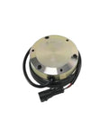 Electromagnetic brake for forklift with round metal housing and attached wiring harness