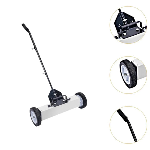 18 Inch Metal Pickup Lawn Sweeper Broom With Adjustable Handle And Wheels For Workshop Debris Collector Efficiently Clears Iron Filings And Shredded Scrap From Floors In Industrial Settings Or Heavy Duty Garage Shops Quick To Use