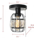 Crystal Cage Flush Mount Ceiling Light With Adjustable Pull Chain Dope Industrial Black Metal Round Edison E26 3 Light Fixture