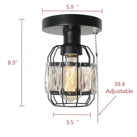 Crystal Cage Flush Mount Ceiling Light With Adjustable Pull Chain Dope Industrial Black Metal Round Edison E26 3 Light Fixture