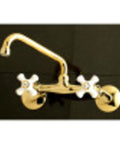 Check Out This Super Cool Solid Brass Two Handle Wall Mount Kitchen Faucet In Trendy Brushed Brass With Drip Free Ceramic Disc Cartridge Easy Install Adjustable Centers Perfect For Traditional Homes, top view brass faucet with white handles