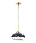 Industrial Caged Dome Metal Ceiling Light in Brushed Brass and Navy Blue Two Tone Finish, hardwired pendant fixture