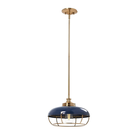 Industrial Caged Dome Metal Ceiling Light in Brushed Brass and Navy Blue Two Tone Finish, hardwired pendant fixture