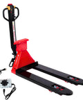 Huge Capacity Electric Pallet Jack With Built In Scale For Warehouse Moving Heavy Loads Up To 4400 Lbs showing red and black design, sleek forks, and integrated scale.