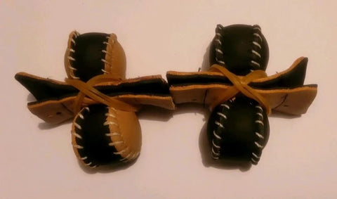 Durable Leather Spur Protectors for Chickens Set of 4 with Flexible Rubber Bands shown in brown and black