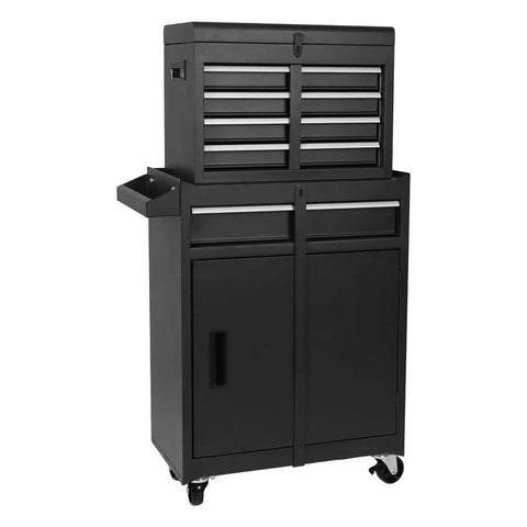 Heavy Duty Rolling Tool Chest With Double Doors And Five Deep Drawers Engineered For Garage Or Warehouse Grunt Work with black finish and wheels.