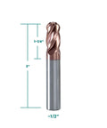 Front view of a 4-flute ball-nose end mill with TiSiN coating, 1/16" diameter.