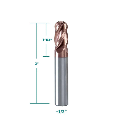 Front view of a 4-flute ball-nose end mill with TiSiN coating, 1/16" diameter.
