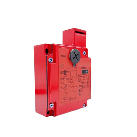 Rock Solid Industrial Safety Door Switch With Solenoid Guard Lock And Hardcore Interlock System Built For Heavy Use, red zinc body.