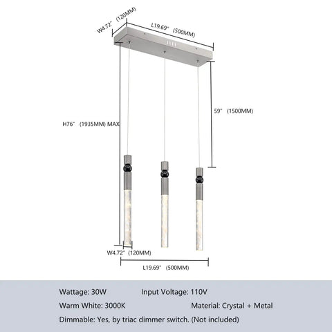 Diagram of Three Light Crystal Pendant Lamp With Dimmable LED For Dining Room Kitchen Island And Living Spaces 19.7 Inch Hanging Chandelier In Sand Nickel Finish 3000K Warm White Slick Triac Dimming with dimensions