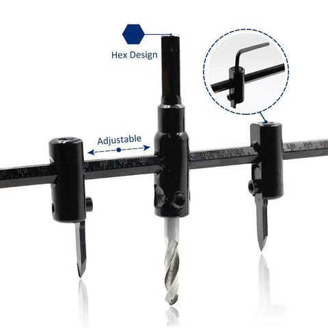 Luomorgo adjustable hole saw circle cutter with center drill bit and guide arms on a ruler bar