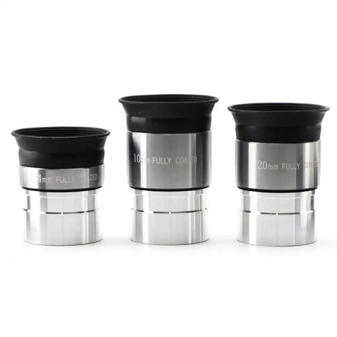 1.25 Inch Multi-Coated Telescope Eyepiece Set With Soft Eyecups 4mm 10mm And 20mm arranged on white background