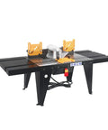 Heavy Duty Benchtop Router Table Featuring Extra Wide Extension Wings And Adjustable Retractable Guard For Smooth Routing and Ready to Roll Woodworking Projects with black steel frame.