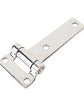 Side view of polished 304 stainless steel T-shape door hinge with mounting plate and hinge barrel.