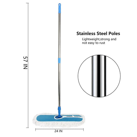 Heavy Duty 24 Inch Commercial Dust Mop With Long Swivel Handle For Wet And Dry Cleaning No Sweat Pro Grade Floor Sweeper with stainless steel pole.