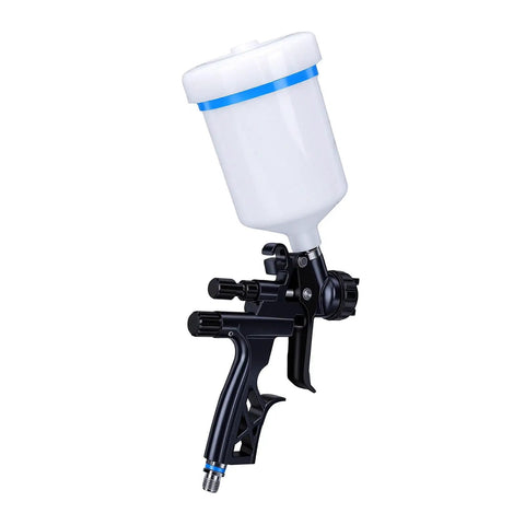 Heavy Duty HVLP Paint Sprayer Kit With 1.7 Mm Tip And 600 Ml Reusable Cup showing sprayer with white cup and adjustable nozzle.