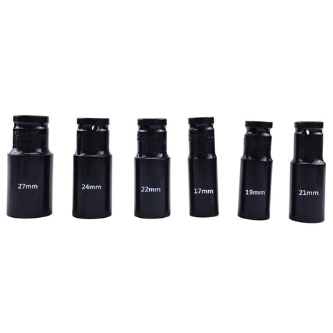 Half Inch Drive Harmonic Balancer Socket Set For Crank Bolts in sizes 17mm to 27mm, beefy heavy duty impact sockets shown in a row