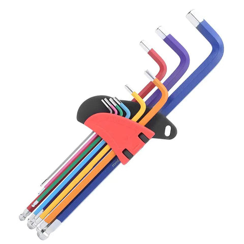 Super Long Flat End Hex Wrench Set for Deep Reach Automotive, EV Battery, And Appliance Repair Made From Durable CRV Steel With Color Coded Coating To Grapple Tough Jobs, color coded metric hex keys in holder