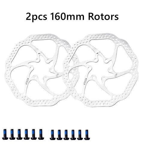 One Pair Clutch Mechanical Disc Brake Kit With 160mm Rotors For Mountain Bike Road Bike And Bmx featuring two rotors and mounting bolts.