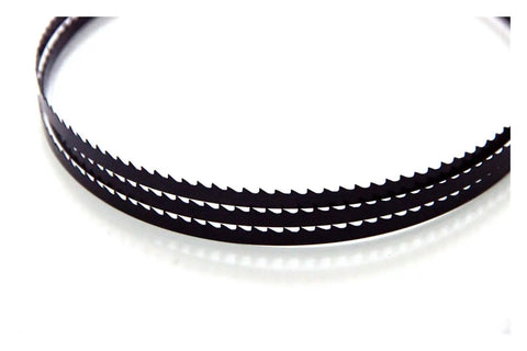 Top Shelf Sk5 Carbon Steel Bandsaw Blades Two Pack compatible with Scheppach, showcasing 6.5mm wide, sharp teeth for heavy duty use.