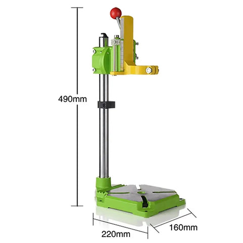 Heavy Duty Mini Bench Drill Press Electric Drill Stand With Anti Slip Handle adjustable height 490mm, green and yellow finish for woodworking.