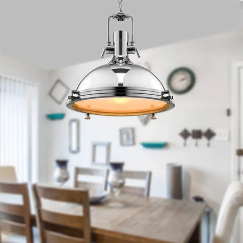 Industrial Nautical Style Pendant Light With Frosted Diffuser In Chrome 15.75 Inch Wide Single Pendant Lamp over dining table
