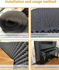 Straight Up Heavy Duty Egg Crate Foam Acoustic Panels For Upright Piano Sound Proofing installation process showing compressed foam and position behind piano.