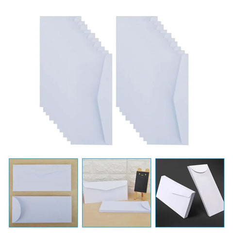 Twenty Pack White Blank Envelopes With Reusable Design for mail, document storage, office supplies, and party invitations.