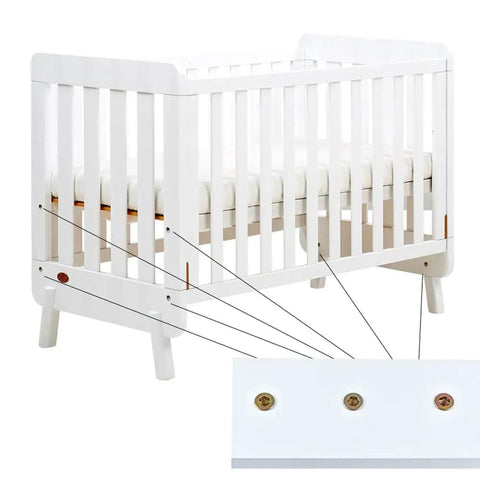 White crib with inset showing 50 Pieces 5/16-18 Threaded Wood Inserts Set For Furniture Making And DIY Projects