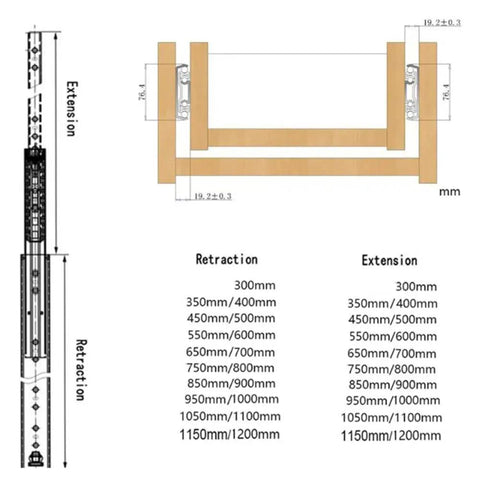 Diagram of Heavy Duty Locking Drawer Slides With Soft Close Telescoping Ball Bearing Rails 600mm Industrial Drawer Runners dimensions