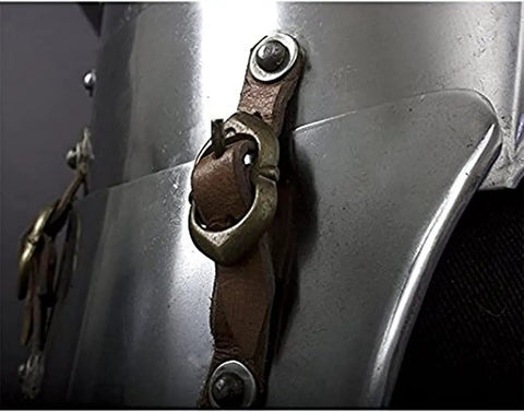 Close-up of brown leather straps on Imperial Faulds And Tassets Set For LARP And Cosplay Built For Beefy Medieval Steel Leg Armor