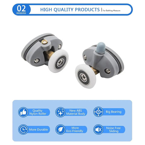 Kick Ass Abs Nylon Shower Door Roller Wheels With Slam Lock Brakes 360 Degree Swivel Slider Pulleys For Bathroom Cabinets showing two grey nylon pulleys.