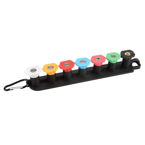 Set of seven color-coded pressure washer nozzle tips on a black holder with carabiner and 1/4 inch quick-connect.