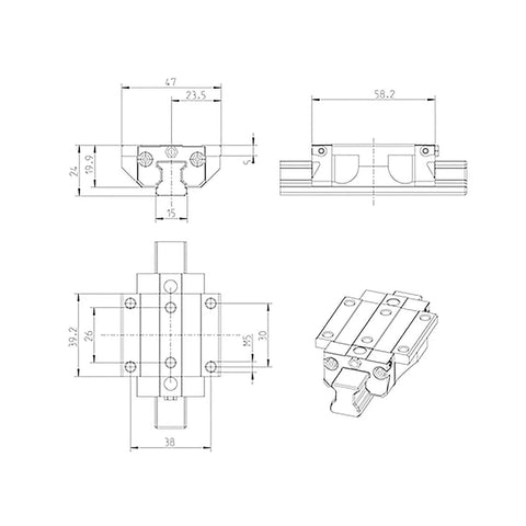 Technical drawing of Single linear slide unit carriage R165119420 R165119422 R165119320 R165119322 precision guide block dimensions.