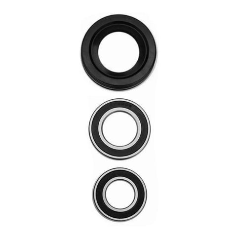 DIY Friendly Front Load Washer Bearing And Shaft Kit 19 Piece Set showing three different size drum bearings.