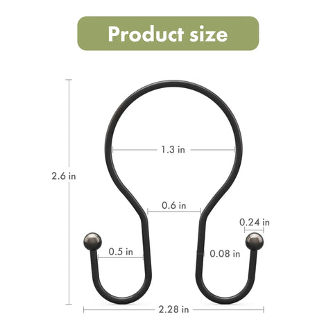 Dimensions diagram of a Bronze Double Hook Shower Curtain Hook with Rust Proof Metal, Smooth Glide, and Balanced Hanging features.