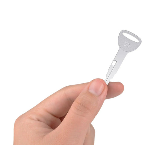 Toyota Forklift Keys 10 Pack 57591-23330-71 575912333071 A62597 Boss Grade Replacement Keys for Toyota Forklifts, OEM-Grade, Precision Cut, Heat Resistant, Corrosion Resistant, Bend Resistant, Durable. single silver key held by hand