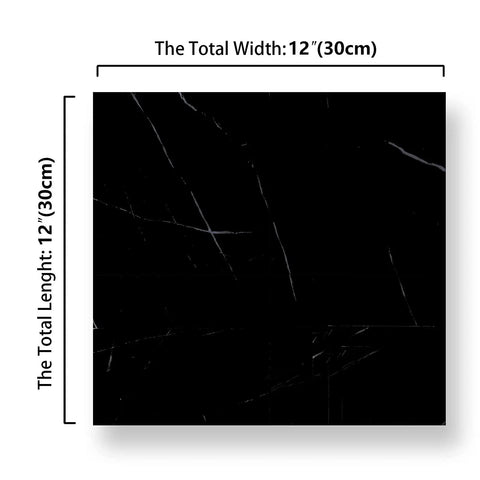 Black Marble Peel And Stick Floor Tiles 12 X 12 Inches Self Adhesive Vinyl Flooring Waterproof Durable For Kitchen Bathroom Basement Super Easy No Fuss Install 16 Pack Covers 15.5 Sq Ft, showing tile dimensions