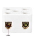 Front view of white 2-way ceramic terminal block with two screw terminals.