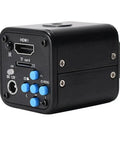 Fire 16 Megapixel HD Microscope Camera Kit With 1080P Full HDMI Output Hooked Up For PCB CPU Phone Repair And Inspection Machines Providing Crisp 60FPS Video For Your Serious Electronics Working Hustle. Black metal microscope camera rear panel with HDMI, TF card, DC 12V, and blue buttons