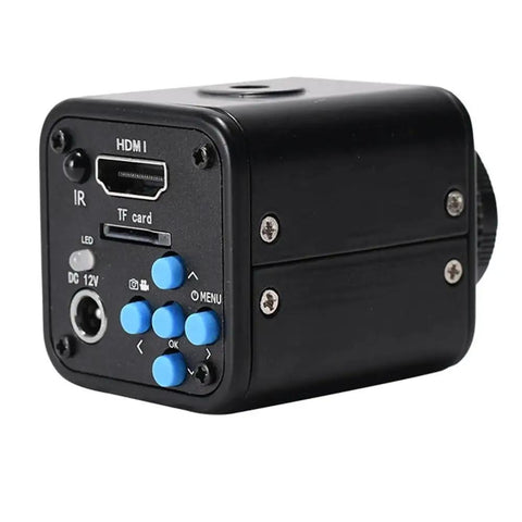 Fire 16 Megapixel HD Microscope Camera Kit With 1080P Full HDMI Output Hooked Up For PCB CPU Phone Repair And Inspection Machines Providing Crisp 60FPS Video For Your Serious Electronics Working Hustle. Black metal microscope camera rear panel with HDMI, TF card, DC 12V, and blue buttons