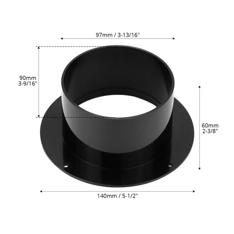 4 Inch Duct Connector Flange For Ductwork And Dryer Vents, ABS Plastic Hose Adapter For Dust Collection, Heating, Cooling And Ventilation System, Strong, Durable, Easy Secure Fit, Black, showing dimensions.