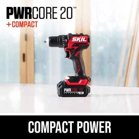Power Core 20 Brushless 20V Compact Three In One Hammer Drill Kit With One Half Inch Keyless Chuck displayed on a table