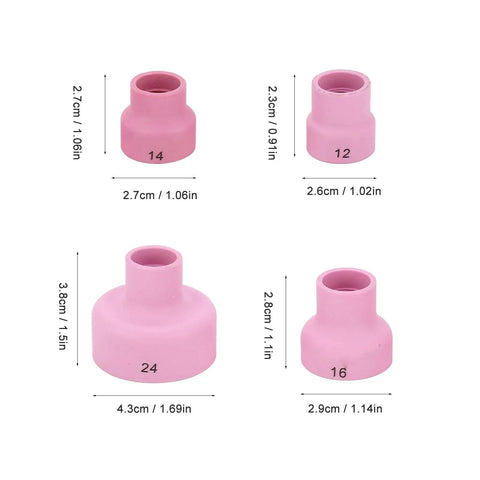 Top Tier Ceramic Welding Cup Kit For TIG Torch With 12 14 16 Size Inner Diameter Lens Nozzles Center Hole in pink.
