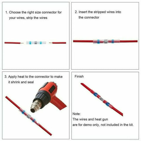 Top Grade 50 Pcs Solder Seal Wire Connectors Heat Shrink Waterproof Sleeves For Effortless One Step Installation No Crimping Tool Needed Durable And Secure Professional Grade Connections Made Easy With Hot Melt Adhesive Dual Layer Protection That. solder seal connector on red wires with heat gun, step-by-step installation