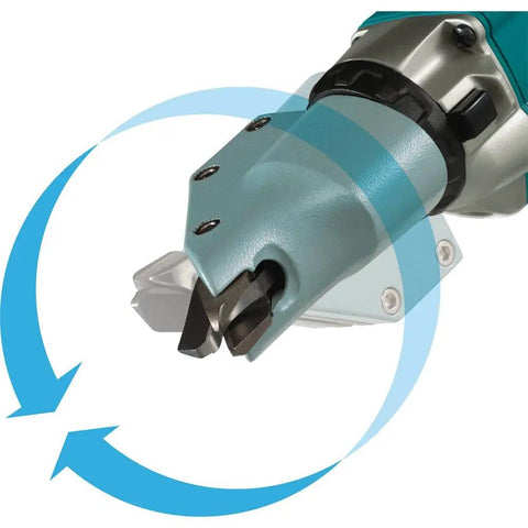 Close-up of 18V LXT Cordless Straight Metal Shear With Brushless Motor, Dual Cut Blade, designed for cutting 14 gauge mild steel.