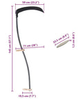 Diagram of well curved steel scythe with grinding stone, long 145 cm handle, 59 cm blade, showing dimensions and easy grip design.