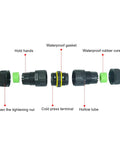 Exploded view of M20 waterproof electrical cable connector; black plastic bodies with green seals and yellow gasket;2pcs