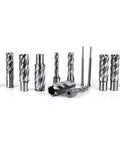 Front view of OSCARBIDE annular cutter set, 13 pieces, 2" cutting depth, Weldon 3/4" shanks, diameters 7/16"–1-1/16", includes 2 pilot pins